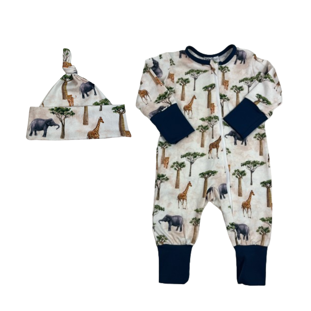 Ensemble pyjama évolutif et chapeau à motifs d'éléphants et arbres