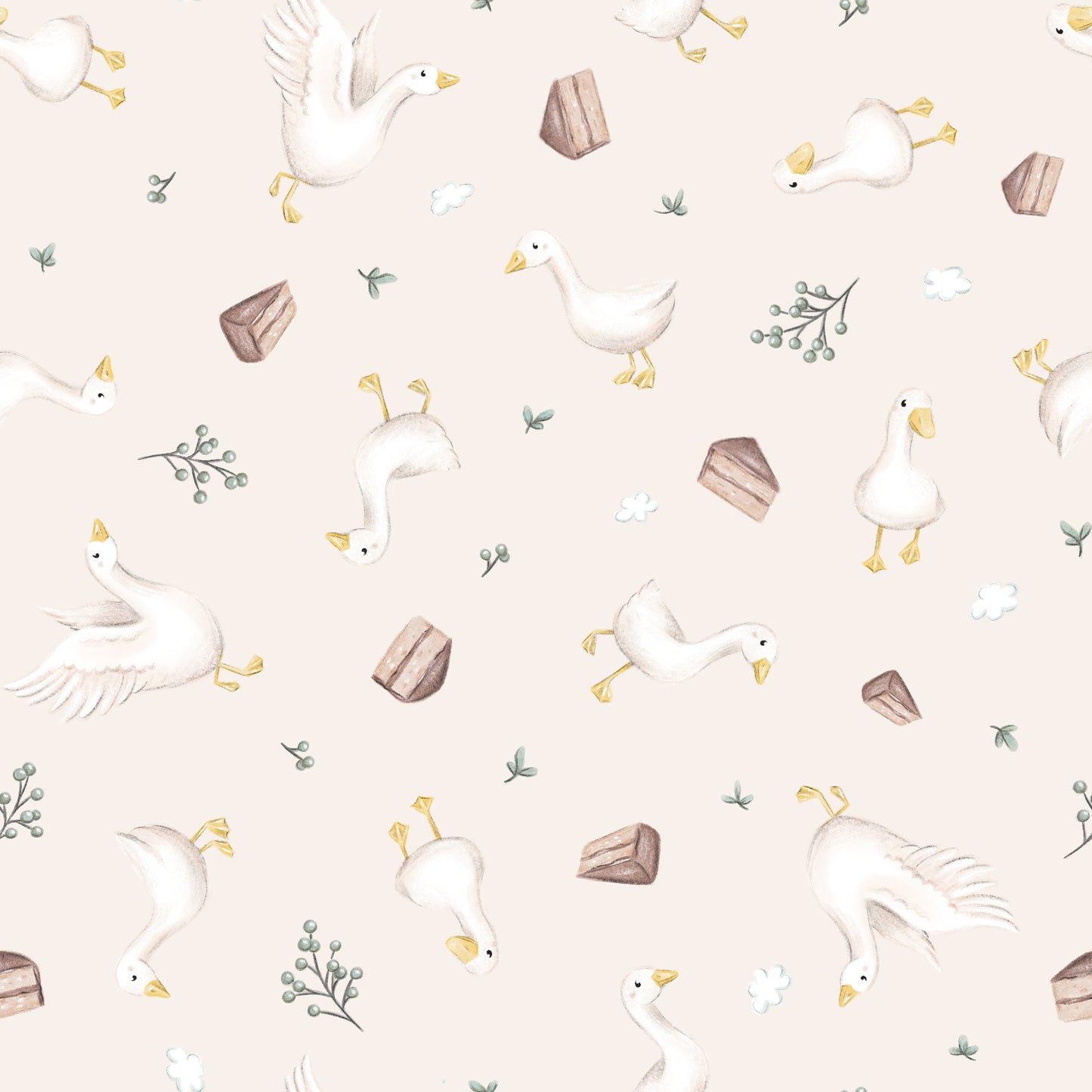 Doudou peluche ultra douce motifs Oies et chocolat