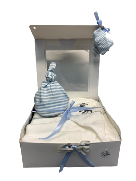 Ensemble-cadeau couverture à capuchon et petits accessoires bleus rayés