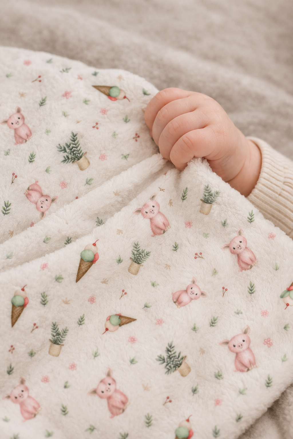 Doudou peluche ultra douce motifs cochons et crème glacée